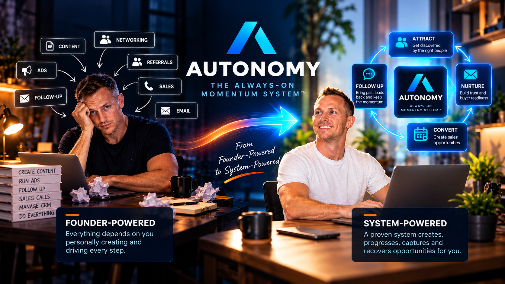 AUTONOMY visual showing the shift from a Founder-Powered business to a System-Powered business.