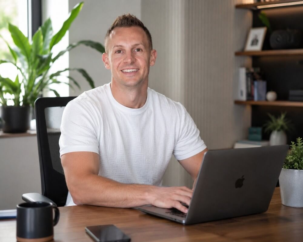 Mark at his desk with a laptop