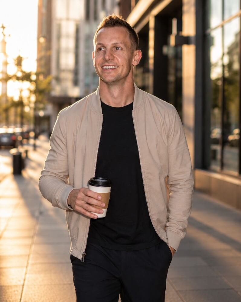Mark outdoors with a coffee